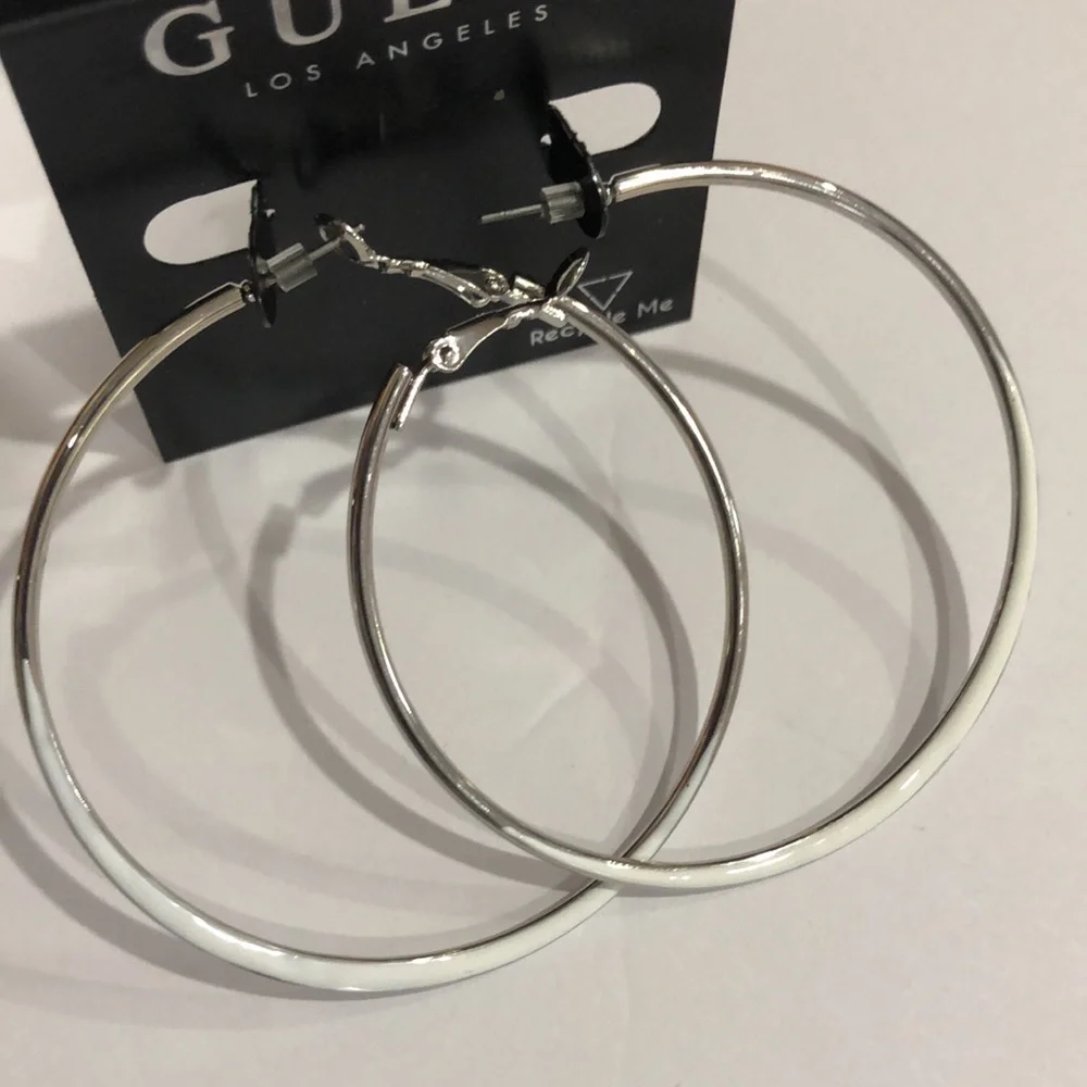Guess silver tone white dipped‎ colorblock circle hoop earrings new